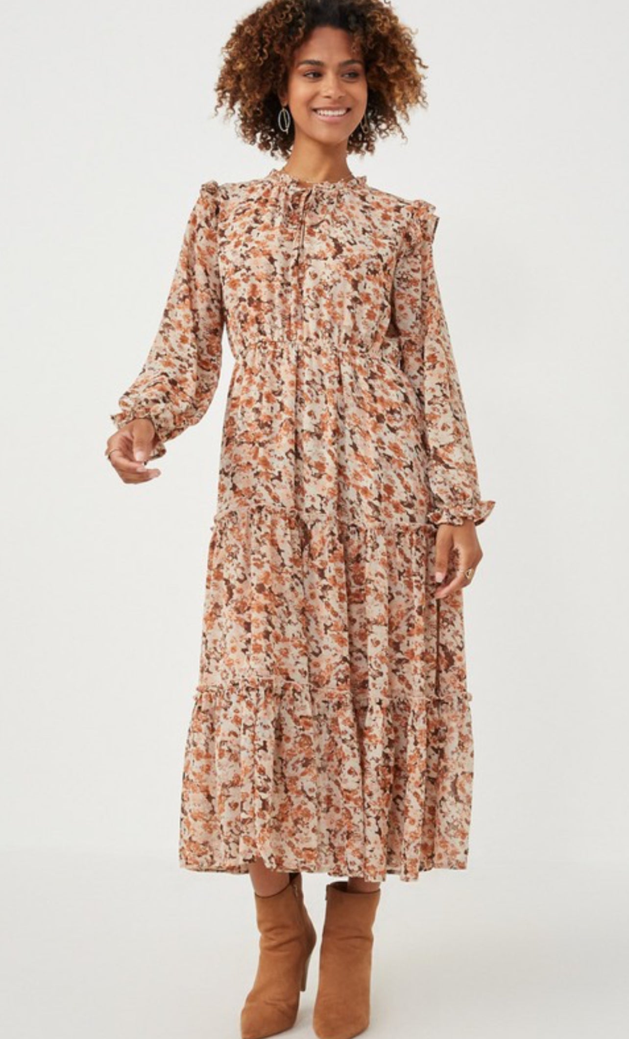 Floral Ruffle Neck Maxi Dress