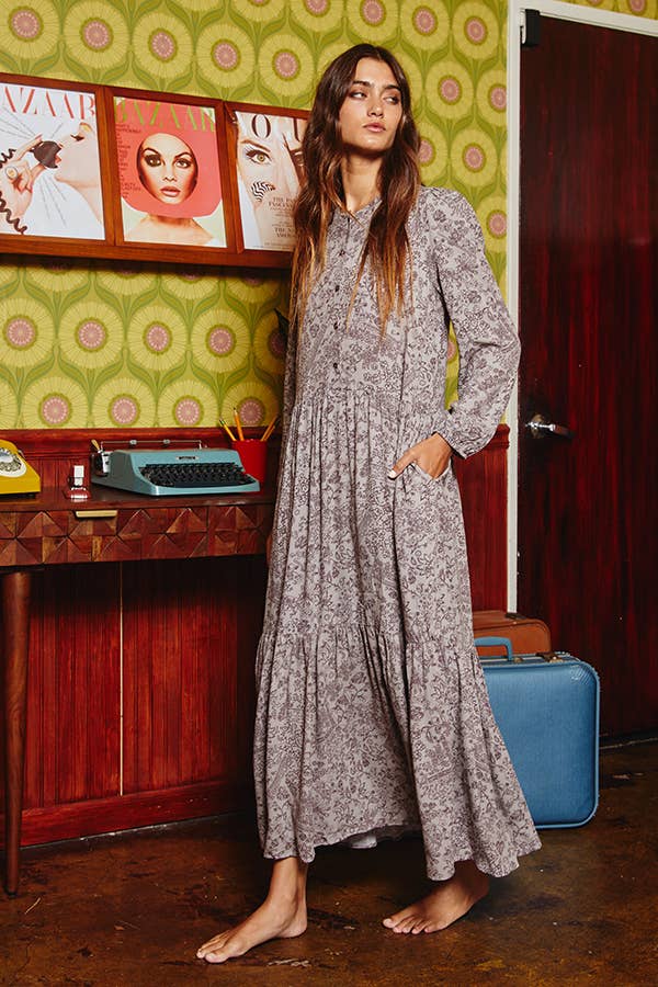 Floral Print Tiered Maxi Dress/ Bean Grey