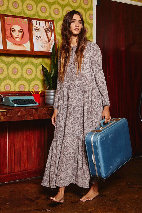 Floral Print Tiered Maxi Dress/ Bean Grey